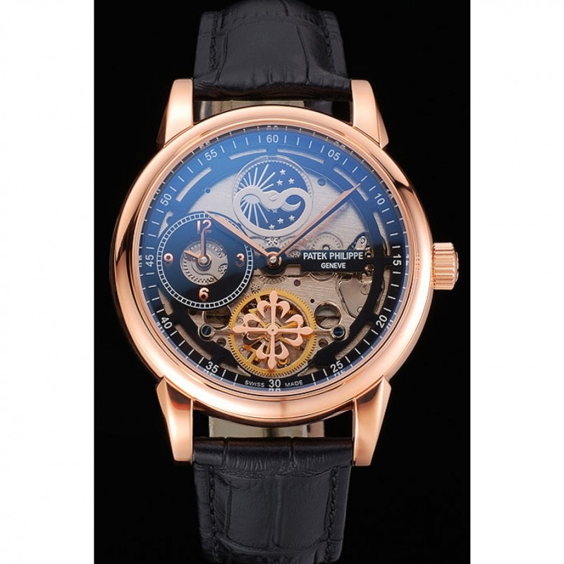 Patek Philippe Dual Time Moonphase Tourbillon Black Skeletonised Rose Gold Case Black Leather Strap-1