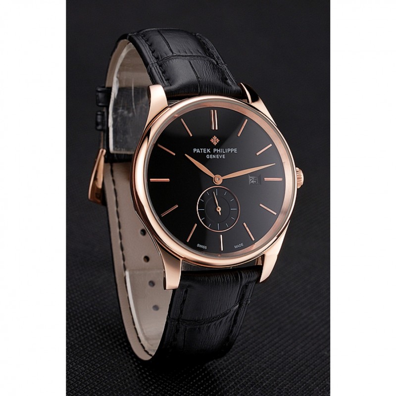 Patek Philippe Calatrava Date Black Dial Rose Gold Case Black Leather Strap-2