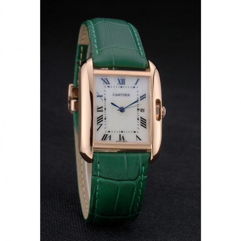 Cartier Tank Anglaise 30mm White Dial Gold Case Green Leather Bracelet-2