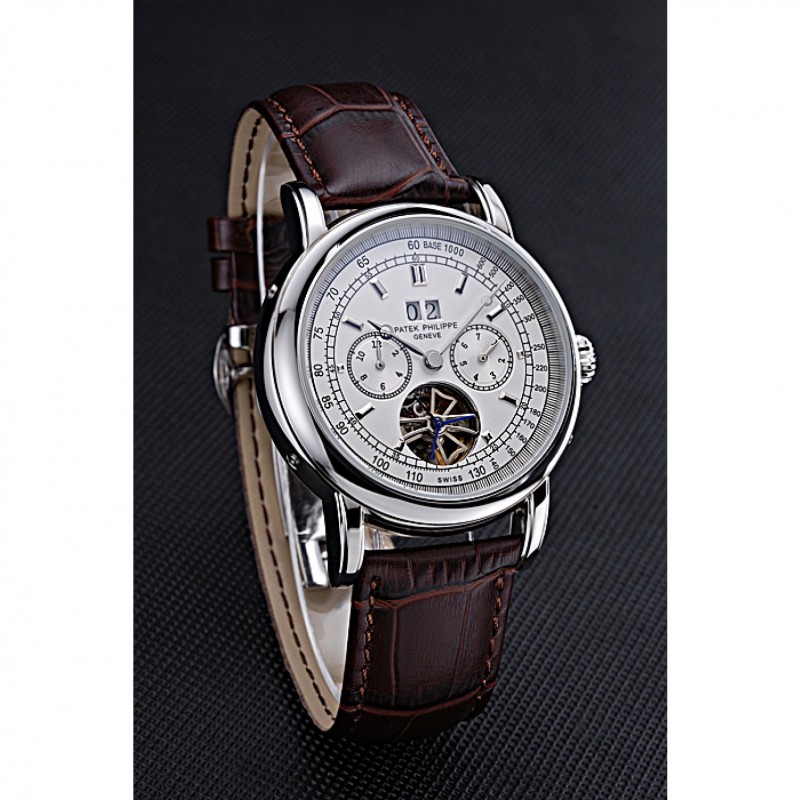 Patek Philippe Geneve Grand Complications White Dial Tourbillon Stainless Steel Bezel Brown Band 622154-2
