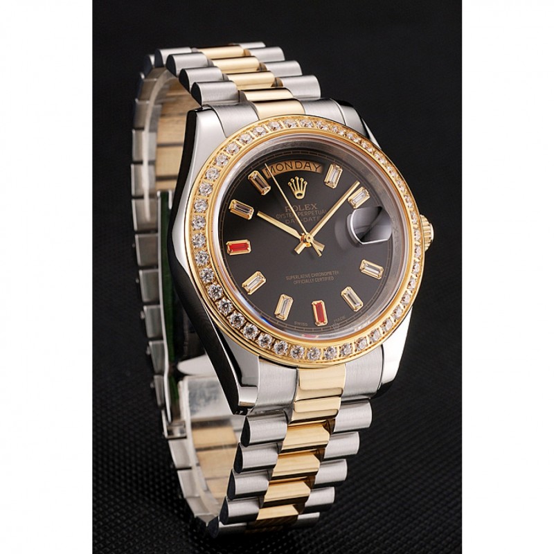 Swiss Rolex Day-Date Diamonds And Rubies Black Dial Two Tone Bracelet 1454105-2