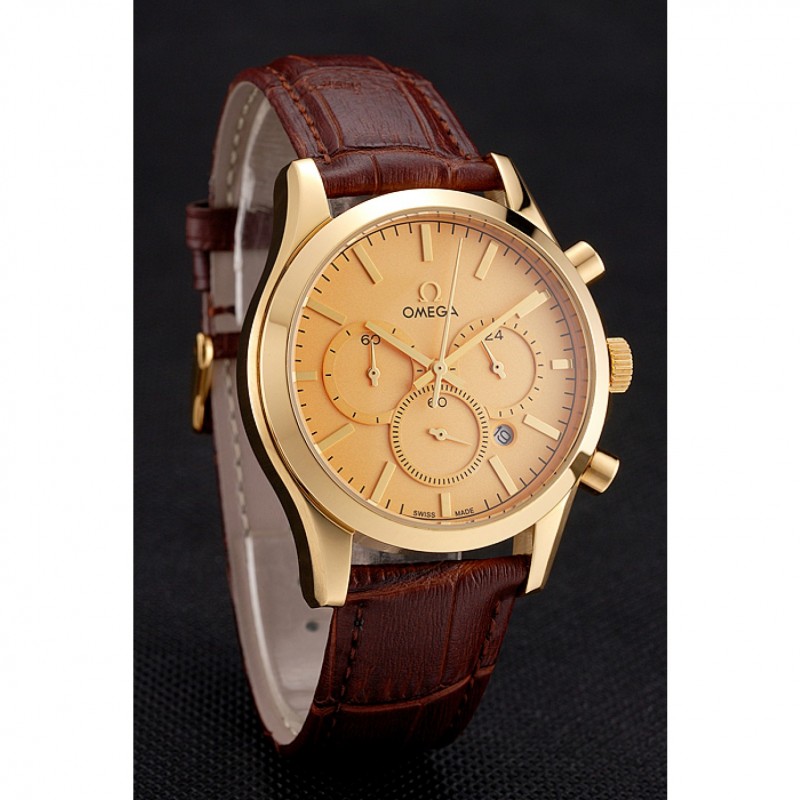 SS Replica Watches Omega Chronograph Gold Dial Gold Case Brown Leather Strap-2