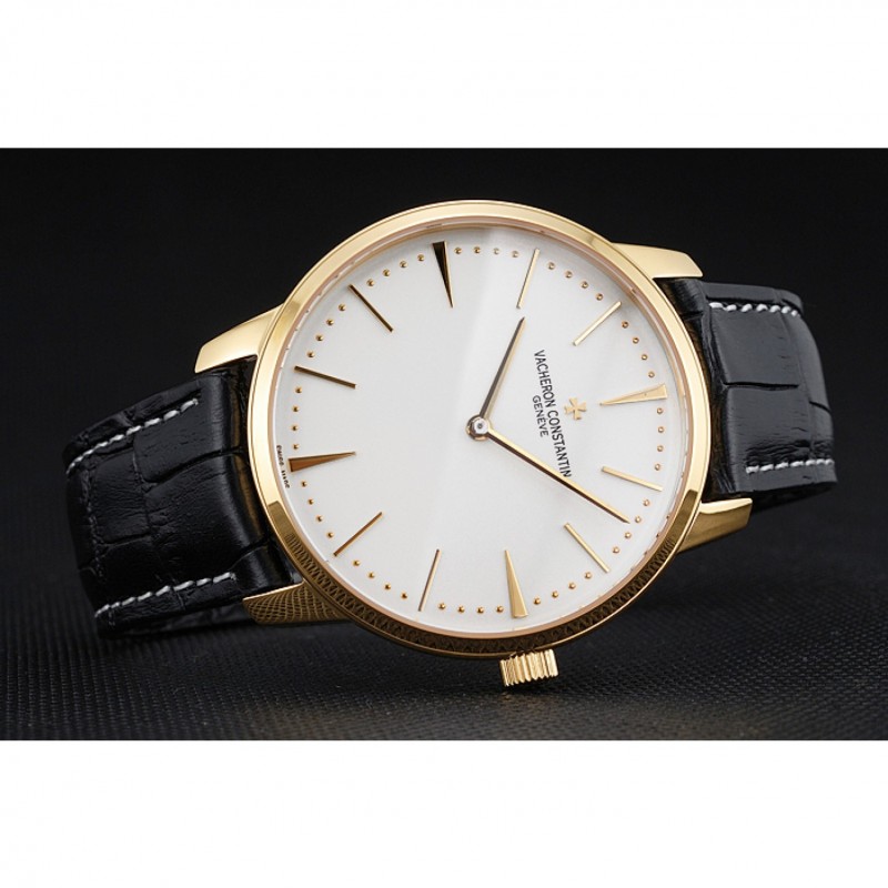 Swiss Vacheron Constantin Patrimony Grand Taille White Dial Gold Case Black Leather Bracelet 1454176-4