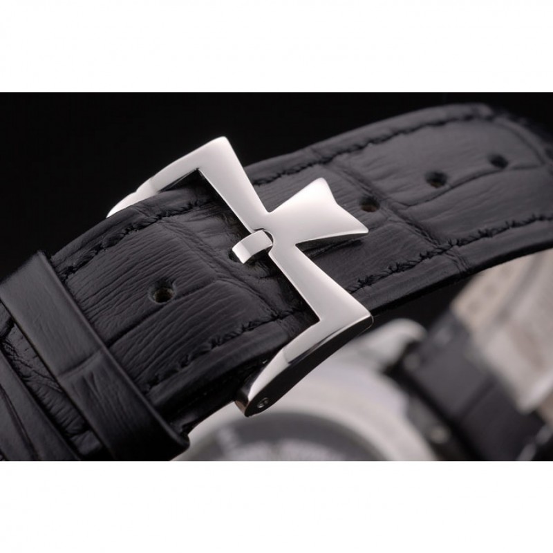 Swiss Vacheron Constantin Traditionnelle White Dial Roman Numerals Black Leather Bracelet-5