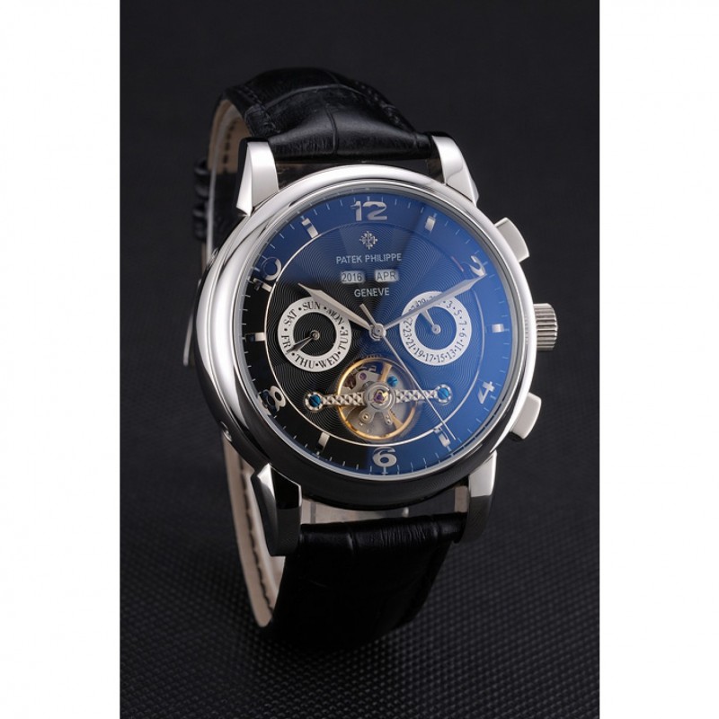 Patek Philippe Perpetual Calendar Tourbillon Black Dial Stainless Steel Case Black Leather Strap-2