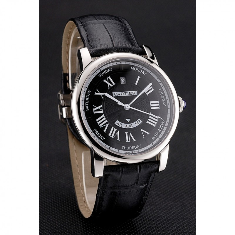 SS Replica Watches Swiss Cartier Rotonde Annual Calendar Black Dial Stainless Steel Case Black Leather Strap-2