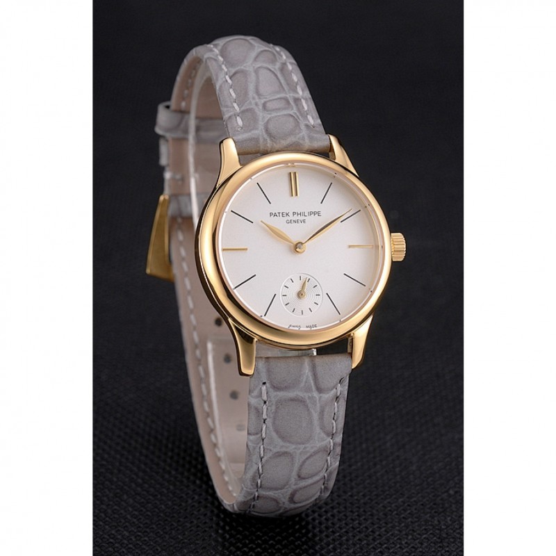 High End Replica Watches Patek Philippe Calatrava White Dial Gold Case Gray Leather Strap-2