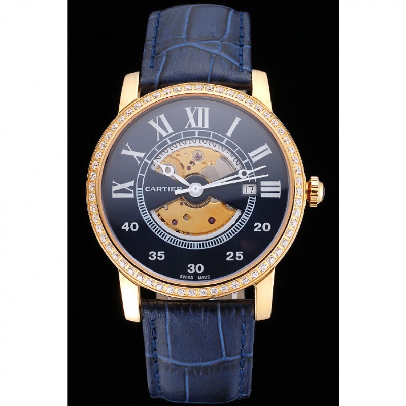 Swiss Cartier Rotonde Small Complication Blue Dial Gold Diamond Case Blue Leather Strap-1