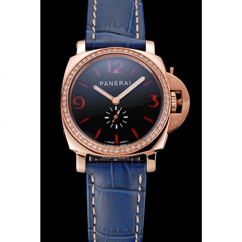 Panerai Radiomir Black Dial Diamond Bezel Rose Gold Case Blue Leather Strap 1453800-1