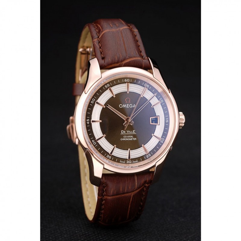SS Omega Swiss DeVille Rose Gold Bezel Brown Leather Strap 7614-2