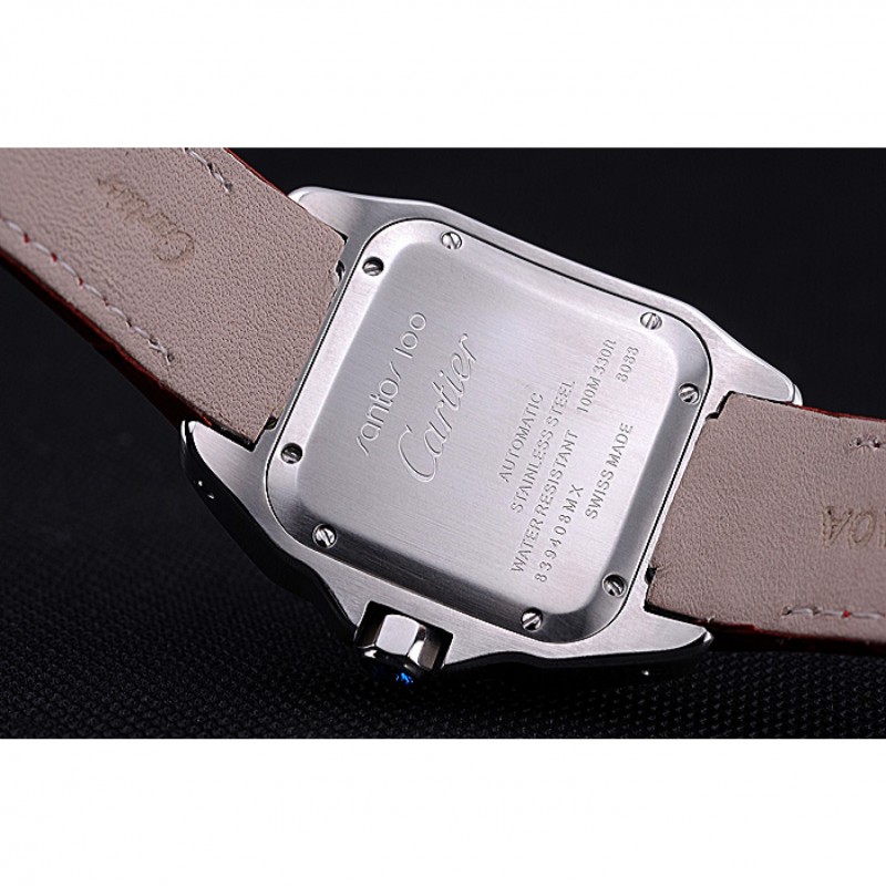 SS Replica Watches Swiss Cartier Santos White Dial Stainless Steel Case Red Leather Bracelet 622551-8