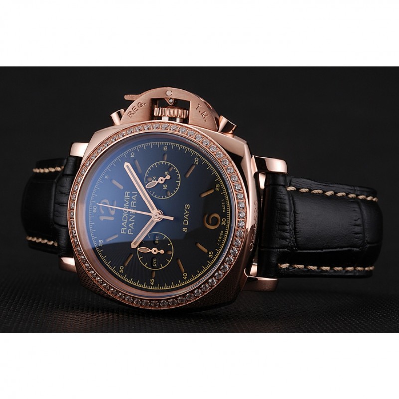 Panerai Radiomir 8 Days Chronograph Black Dial Diamond Bezel Rose Gold Case Black Leather Strap 1453798-4