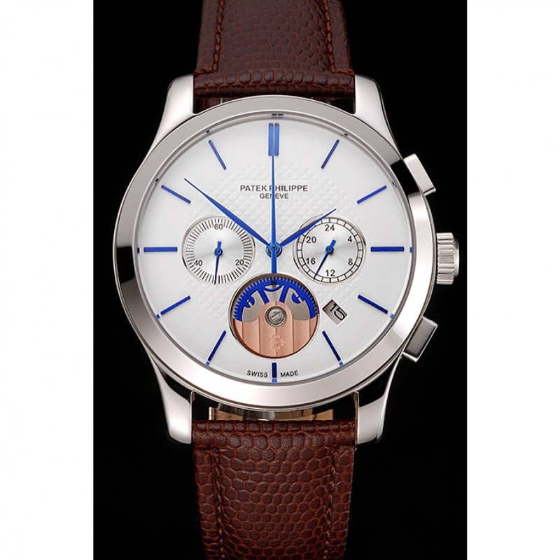 AAA Patek Philippe Chronograph White Dial Blue Hands Stainless Steel Case Brown Leather Strap-1