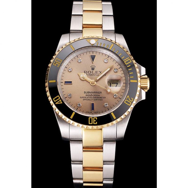 Swiss Rolex Submariner Gold Dial Diamond Markings Black Bezel Two Tone Steel Gold Bracelet-1