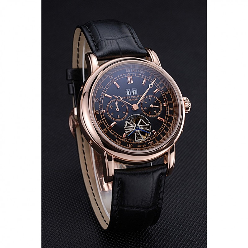 Patek Philippe Geneve Grand Complications Black Dial Tourbillon Rose Gold Bezel Black Band 622157-2
