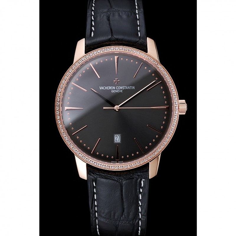 High End Replica Watches Swiss Vacheron Constantin Patrimony Grey Dial Gold Diamonds Case Black Leather Bracelet 1454173-1