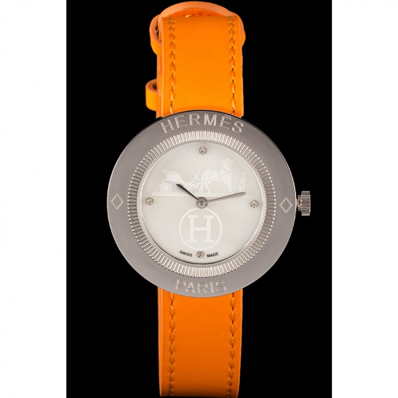 Hermes Classic MOP Dial Orange Leather Bracelet 801390-1