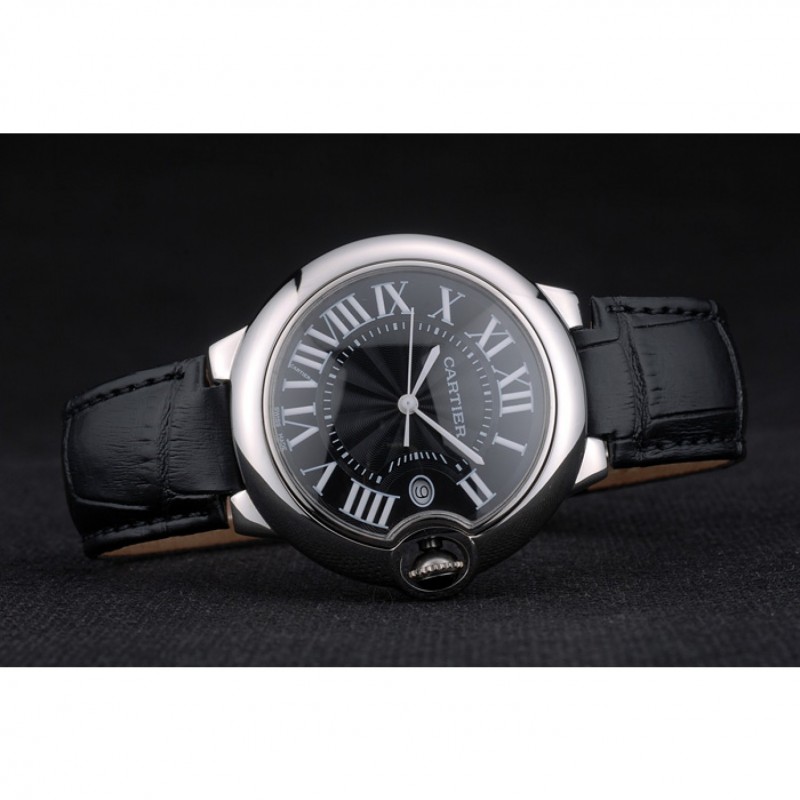 Cheap Replica Watches Cartier Ballon Bleu 38mm Black Dial Stainless Steel Case Black Leather Bracelet-3
