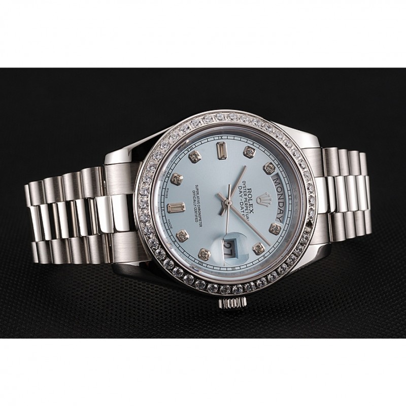 High End Replica Watches Swiss Rolex Day-Date Ice Blue Dial Diamond Case Diamond Numerals Stainless Steel Bracelet 1453963-2