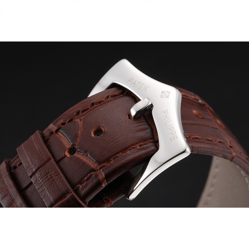 Patek Philippe Chronograph Black Dial With Diamonds Stainless Steel Case Brown Leather Strap-5