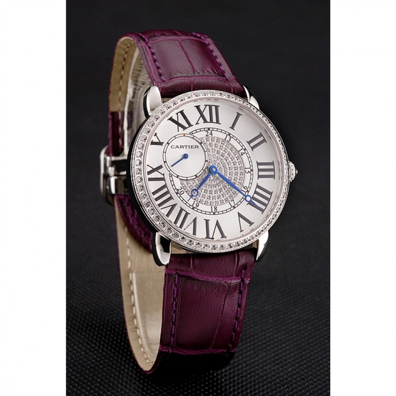 Cartier Ronde Louis Silver Diamond Case White Dial Purple Leather Bracelet 1454009-1