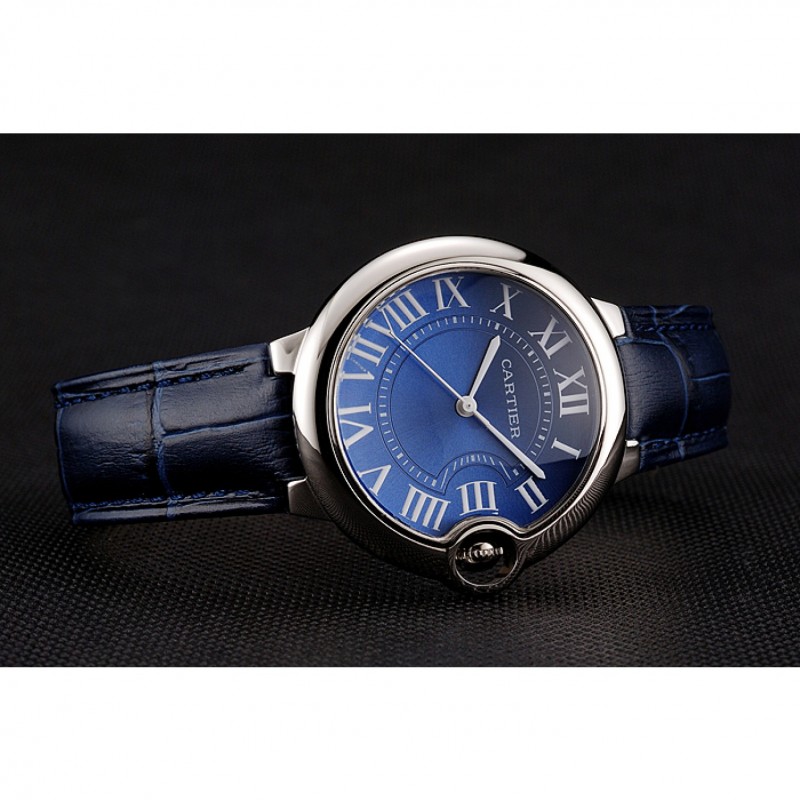 Cartier Ballon Bleu Silver Bezel with Dark Blue Dial and Dark Blue Leather Band 621555-3
