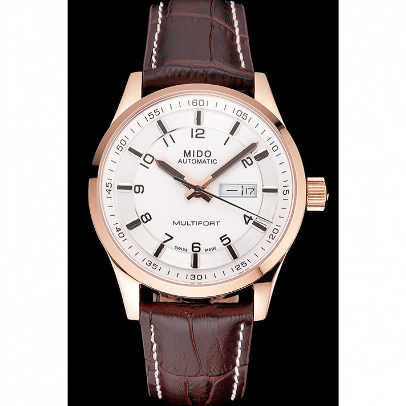 Mido Multifort Brown Croco Leather Strap White-Silver Dial 80300-1