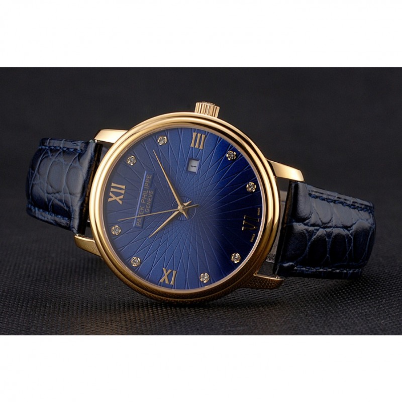 Cheap Replica Watches Patek Philippe Calatrava Date Blue Embossed Dial Gold Case Blue Leather Strap-4