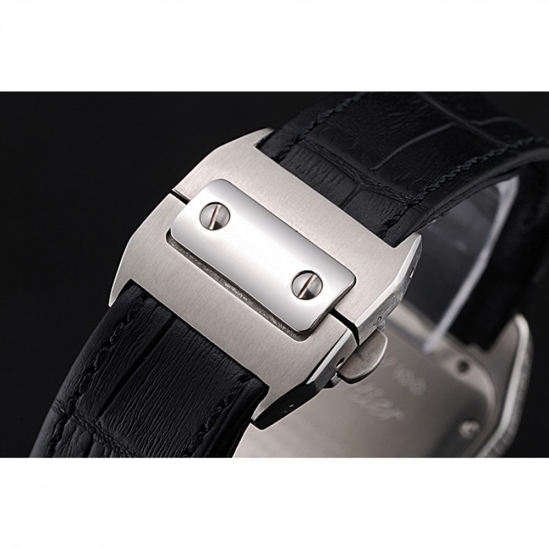 Swiss Cartier Santos Dumont Diamond Case White Dial Roman Numerals Black Leather Bracelet 622652-5