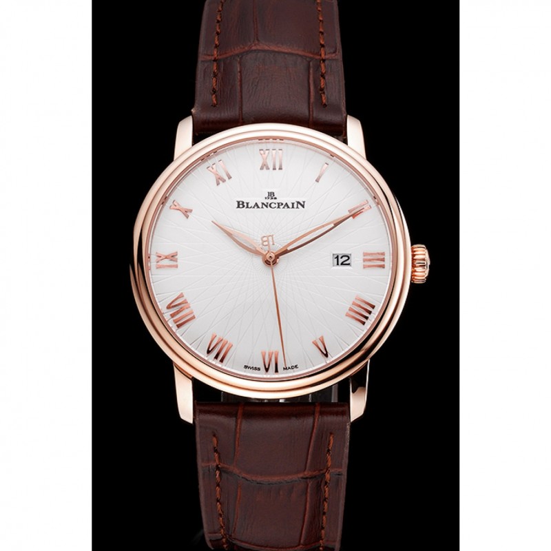 SS Blancpain Villeret Ultra Slim White Groved Dial Gold Numerals Rose Gold Case Brown Leather Strap-1