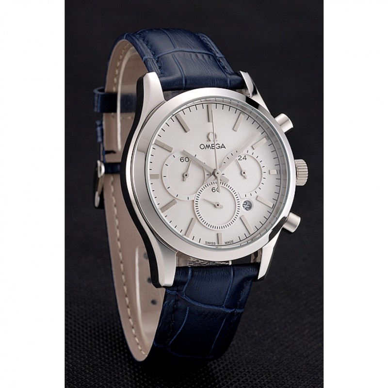 Omega Chronograph White Dial Stainless Steel Case Blue Leather Strap-2