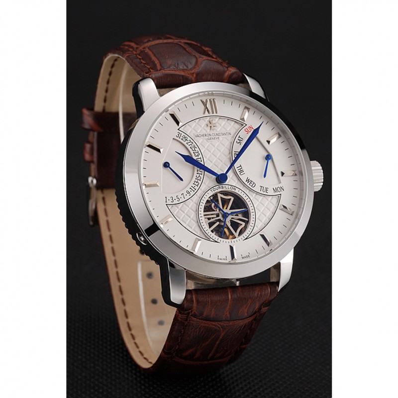 Vacheron Constantin Tourbillon White Dial Stainless Steel Case Brown Leather Bracelet-2