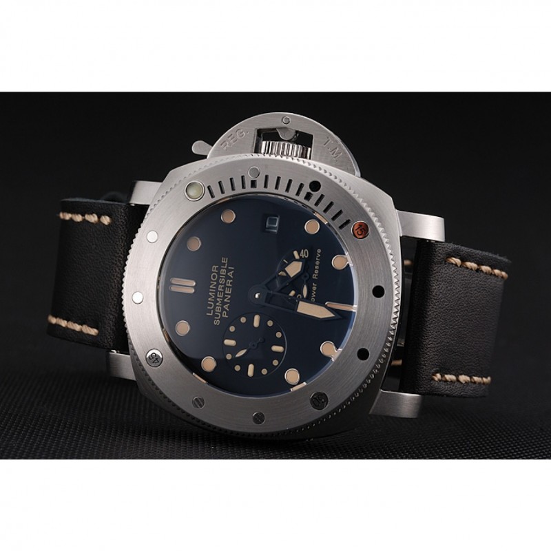 Panerai Luminor Submersible Black Dial Stainless Steel Case Black Leather Strap-3