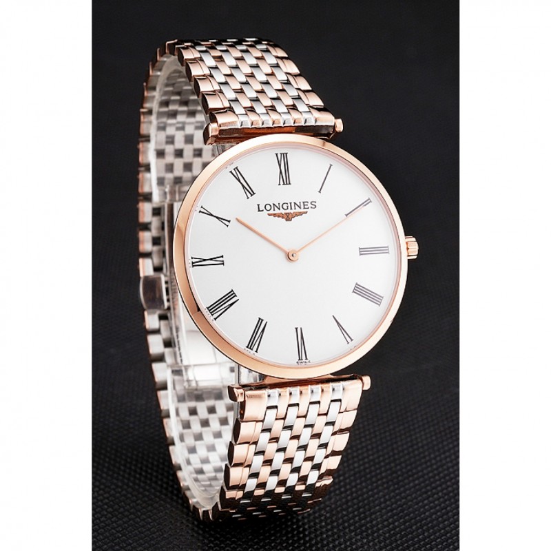 Swiss Longines Grande Classique White Dial Roman Numerals Rose Gold Case Two Tone Bracelet-2