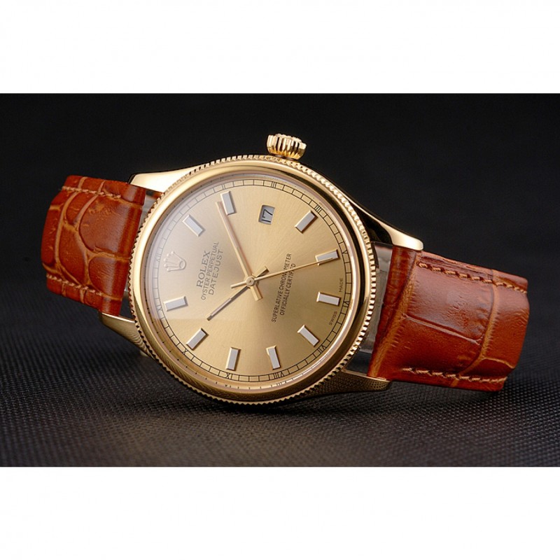 AAA Swiss Rolex Datejust Gold Dial Gold Case Light Brown Leather Strap-3