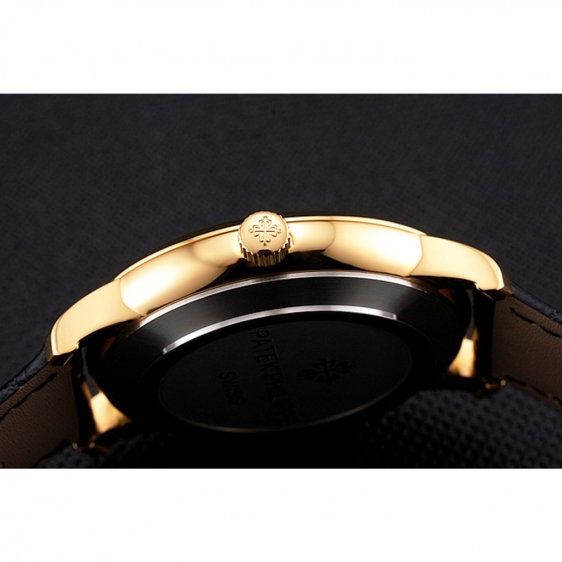 Patek Philippe Calatrava White Embossed Dial Gold Case Black Leather Strap-8