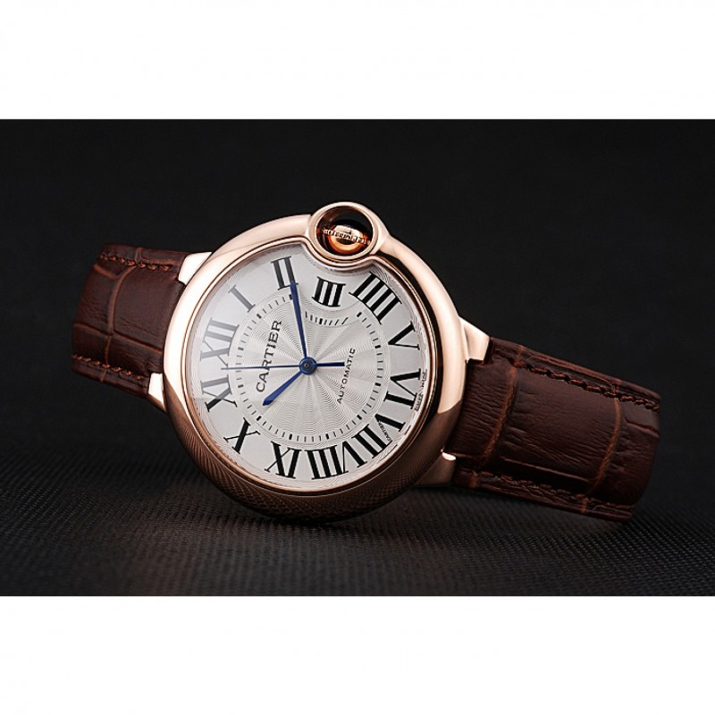 Best Replica Watches Swiss Ballon Blue De Cartier Gold Case White Dial Roman Numerals Brown Leather Bracelet 622651-4