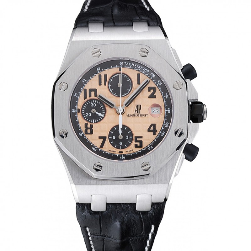 Swiss Audemars Piguet Royal Oak Offshore Gold Dial Stainless Steel Case Black Leather Strap 622849-0