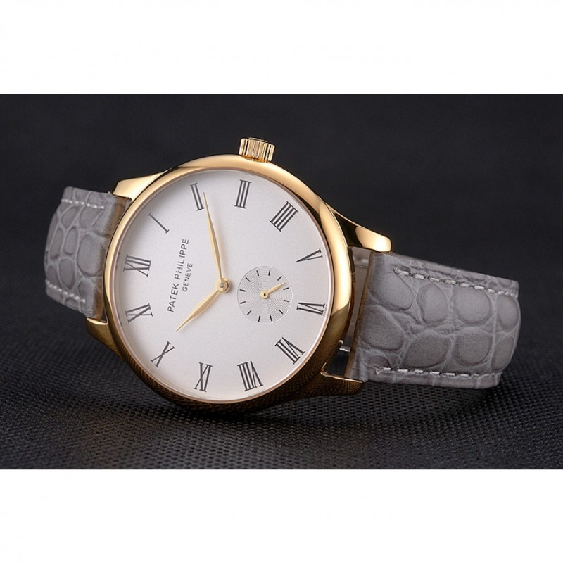 Cheap Patek Philippe Calatrava White Dial Gold Case Gray Leather Strap-4