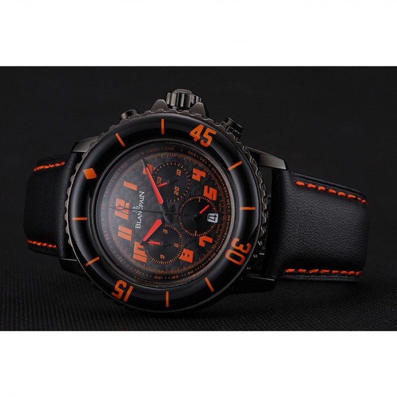 Blancpain Fifty Fathoms Speed Command Carbon Fiber Dial With Orange Markings Black PVD Case Black Leather Strap 1453776-4