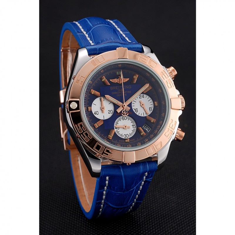 Cheap Breitling Chronomat Patrouille De France Blue Dial Stainless Steel Case Blue Leather Strap-2