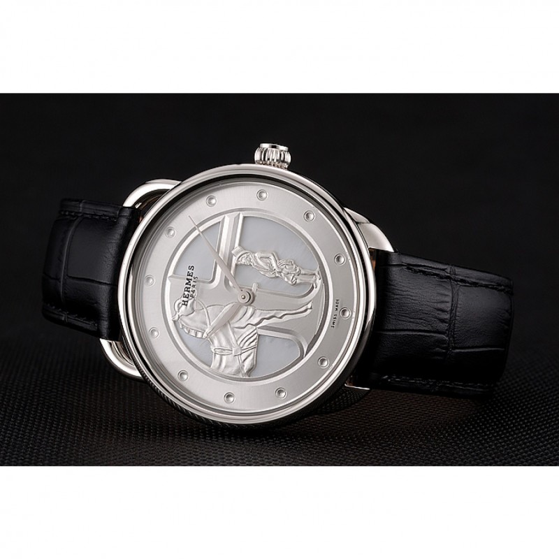 High End Hermes Classic Croco Leather Strap Silver Dial 801400-4