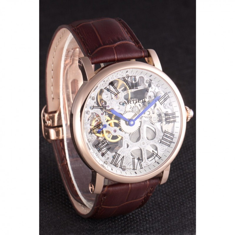 Luxury Cartier Luxury Skeleton Watch with Rose Gold Bezel and Brown Leather Band 621557-2