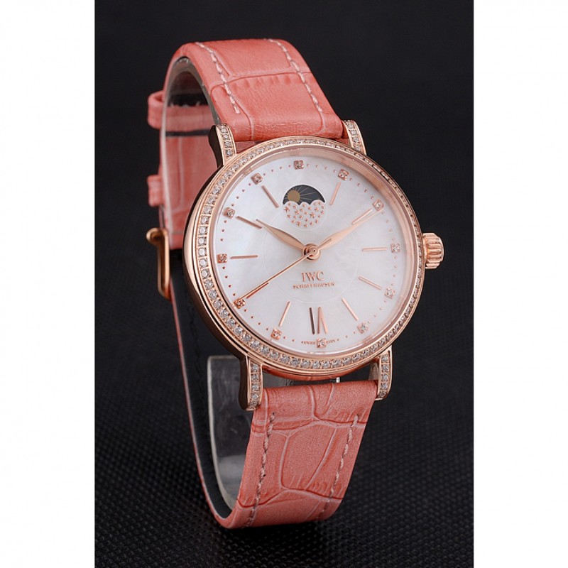 IWC Portofino Moon Phase Silver Dial Rose Gold Case Diamonds Bezel Pink Leather Strap-2