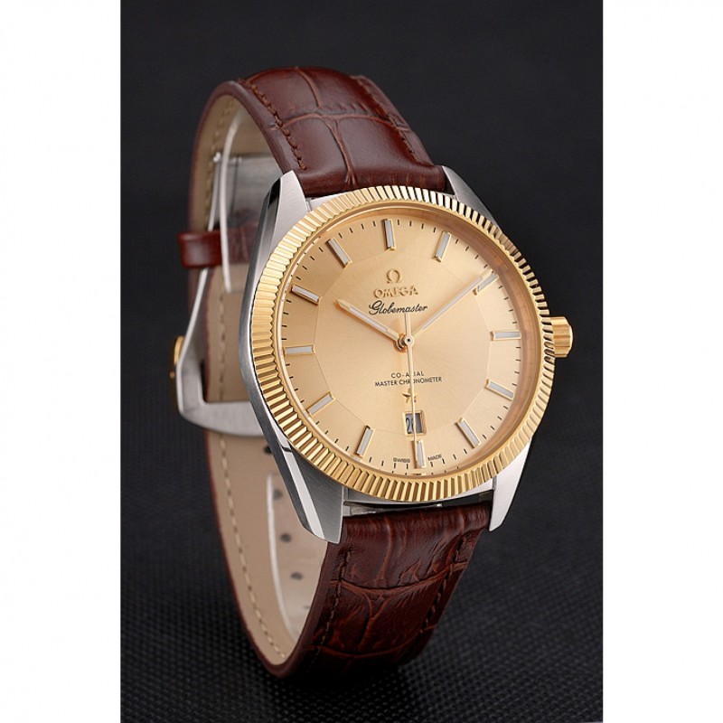 Omega Globemaster Gold Dial And Bezel Stainless Steel Case Brown Leather Strap-2