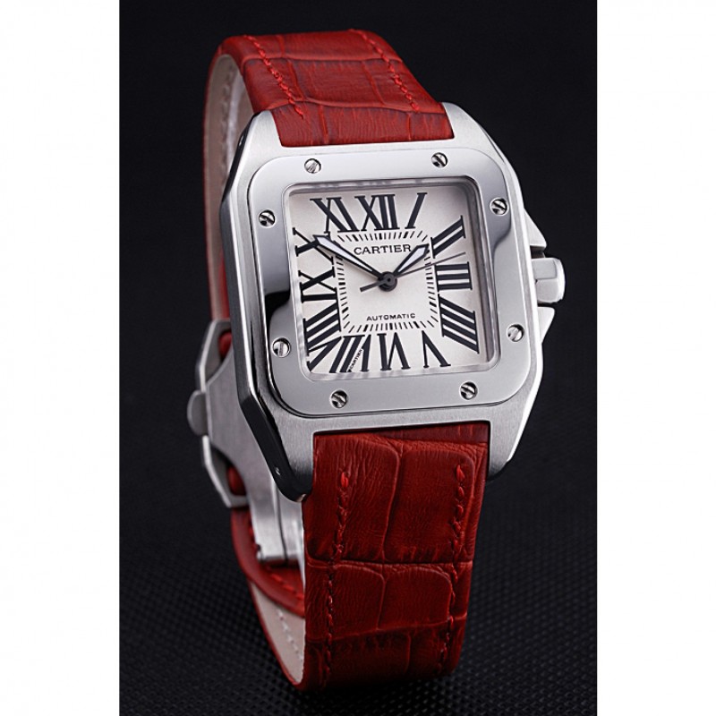 SS Replica Watches Swiss Cartier Santos White Dial Stainless Steel Case Red Leather Bracelet 622551-2