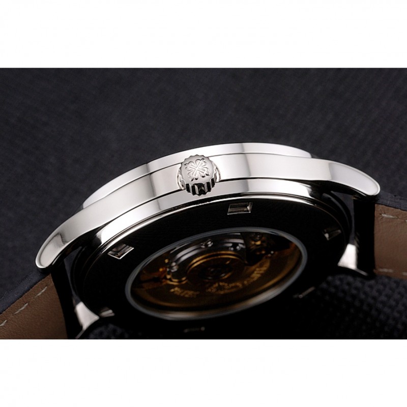 Best Replica Watches Swiss Patek Philippe Calatrava Black Dial Diamond Bezel Stainless Steel Case Black Leather Strap-8