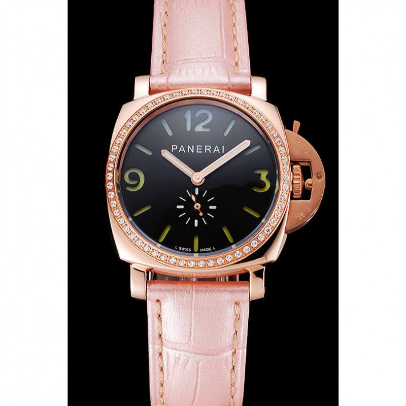 Panerai Radiomir Black Dial Diamond Bezel Rose Gold Case Pink Leather Strap 1453801-1
