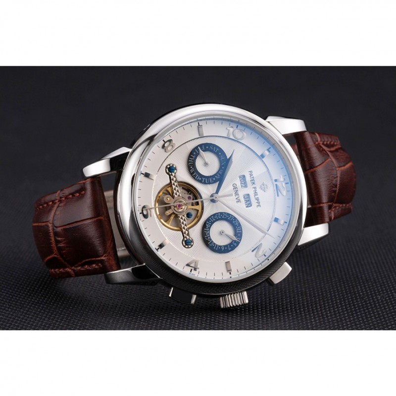 Cheap Replica Watches Patek Philippe Perpetual Calendar Tourbillon White Dial Stainless Steel Case Brown Leather Strap-4