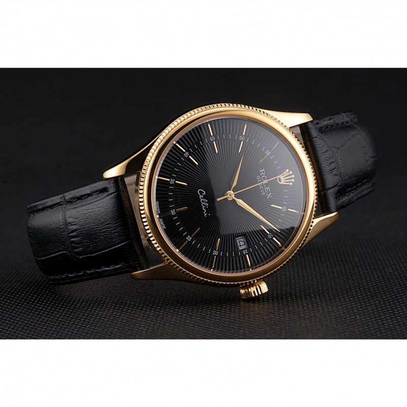 Swiss Rolex Cellini Date Black Dial Gold Case Black Leather Strap-4